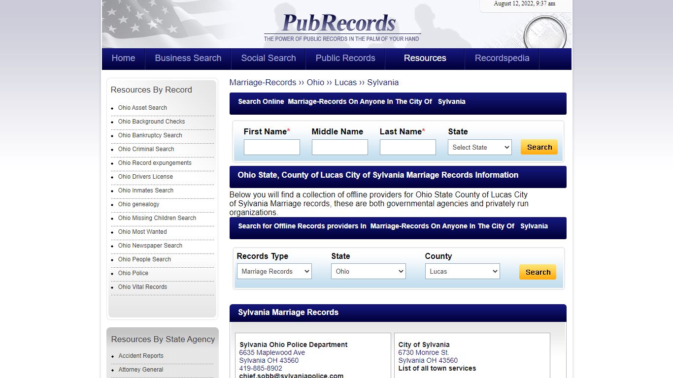 Sylvania, Lucas County, Ohio Marriage Records